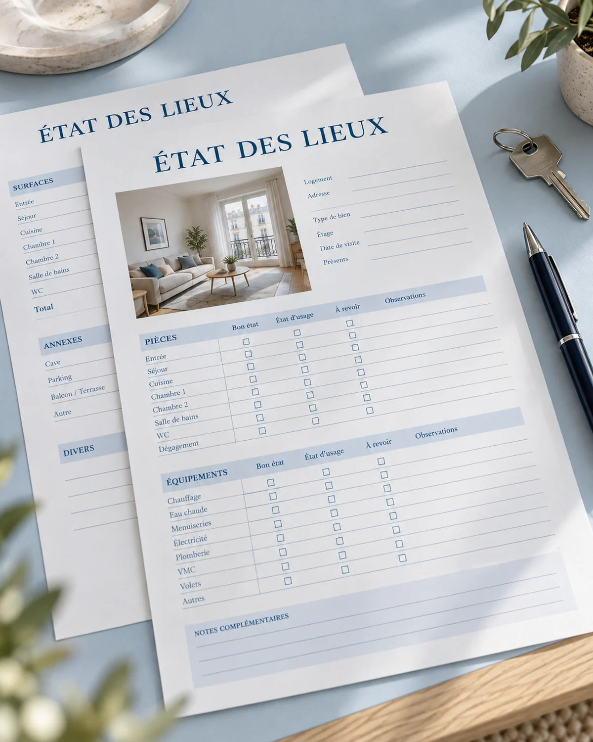 Mise en scène d’un état des lieux sur papier, avec une photo du logement, des clés et un stylo.